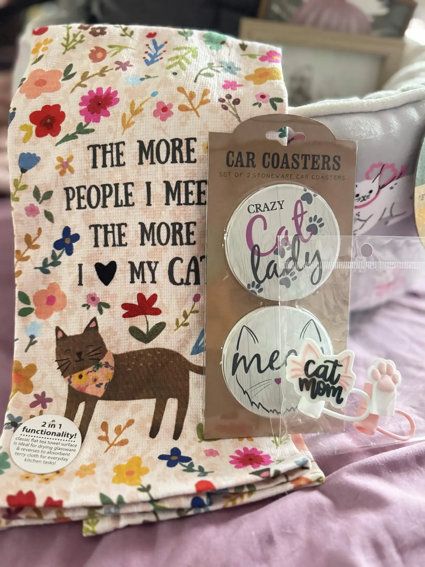 Cat kitchen towel and car coasters