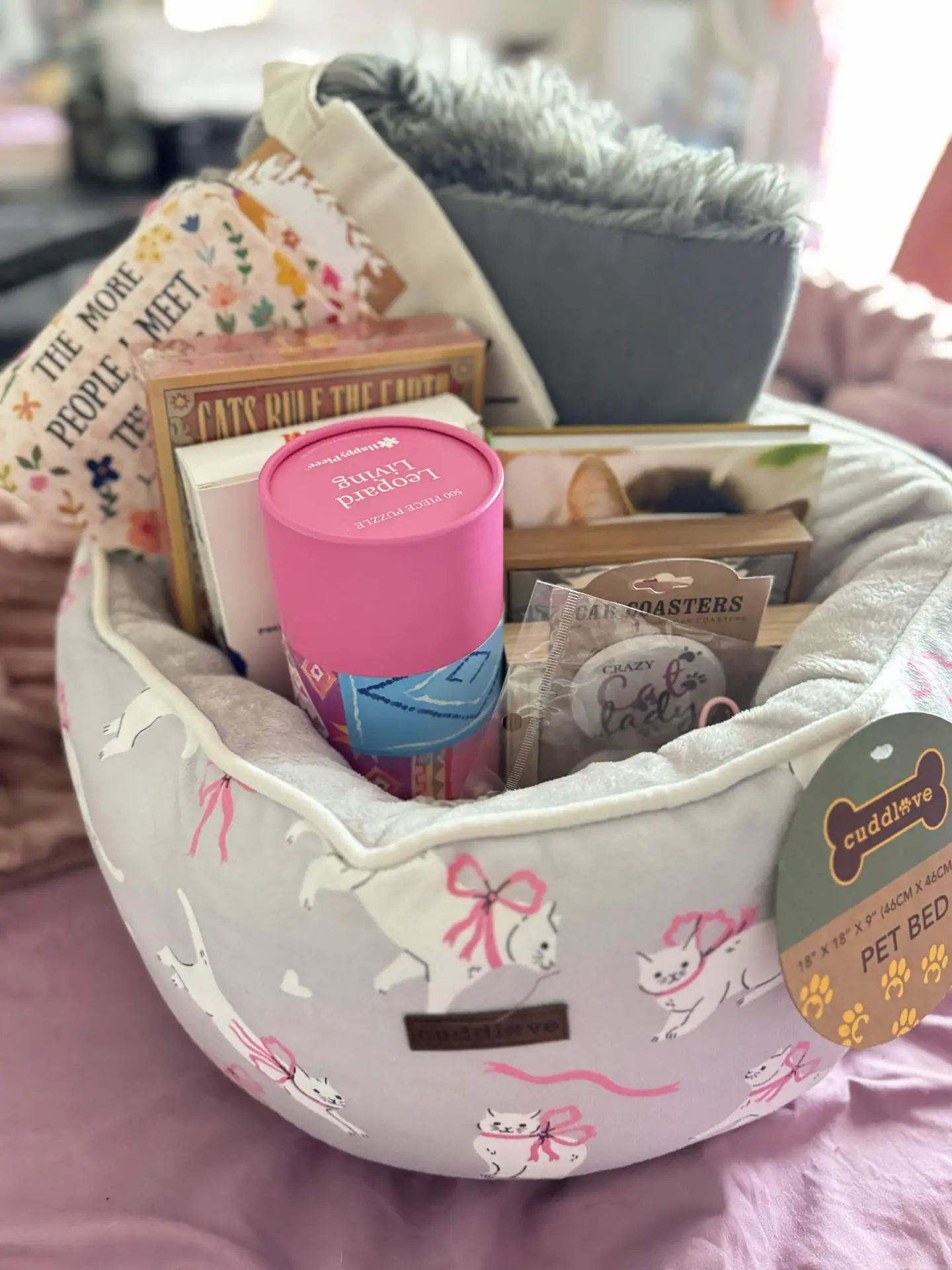 Cat lover's basket filled with gifts